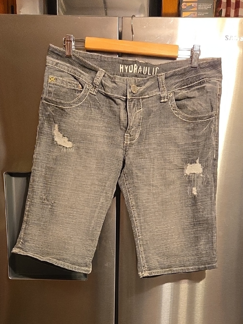 Hydraulic Grey Washed Distressed Denim Bermuda Shorts, Size 10